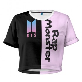 Женская футболка 3D укороченная с принтом BTS RM , 100% полиэстер | круглая горловина, длина футболки до линии талии, рукава с отворотами | bts | rm | бтс | группа | корейская | музыка | розовый | цветы | черный