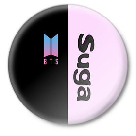 Значок с принтом BTS Suga ,  металл | круглая форма, металлическая застежка в виде булавки | bts | suga | бтс | группа | корейская | музыка | розовый | цветы | черный