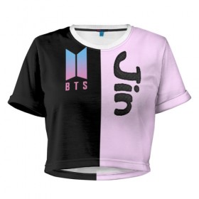 Женская футболка 3D укороченная с принтом BTS Jin , 100% полиэстер | круглая горловина, длина футболки до линии талии, рукава с отворотами | bts | jin | бтс | группа | корейская | музыка | розовый | цветы | черный