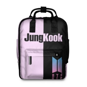 Женский рюкзак 3D с принтом BTS Jung Kook , 100% полиэстер | лямки с регулируемой длиной, сверху ручки, чтобы рюкзак нести как сумку. Основное отделение закрывается на молнию, как и внешний карман. Внутри два дополнительных кармана, один из которых закрывается на молнию. По бокам два дополнительных кармашка, куда поместится маленькая бутылочка
 | Тематика изображения на принте: bts | jung kook | бтс | группа | корейская | музыка | розовый | цветы | черный