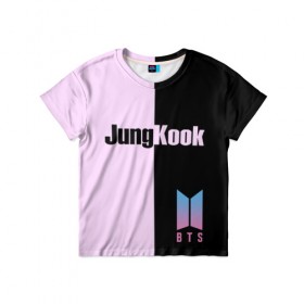 Детская футболка 3D с принтом BTS Jung Kook , 100% гипоаллергенный полиэфир | прямой крой, круглый вырез горловины, длина до линии бедер, чуть спущенное плечо, ткань немного тянется | Тематика изображения на принте: bts | jung kook | бтс | группа | корейская | музыка | розовый | цветы | черный