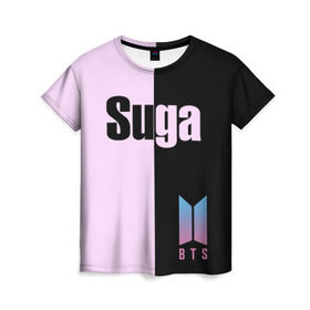Женская футболка 3D с принтом BTS Suga , 100% полиэфир ( синтетическое хлопкоподобное полотно) | прямой крой, круглый вырез горловины, длина до линии бедер | bts | suga | бтс | группа | корейская | музыка | розовый | цветы | черный