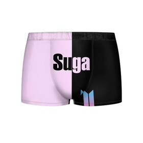 Мужские трусы 3D с принтом BTS Suga , 50% хлопок, 50% полиэстер | классическая посадка, на поясе мягкая тканевая резинка | Тематика изображения на принте: bts | suga | бтс | группа | корейская | музыка | розовый | цветы | черный