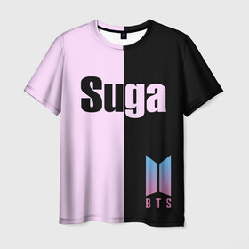 Мужская футболка 3D с принтом BTS Suga , 100% полиэфир | прямой крой, круглый вырез горловины, длина до линии бедер | Тематика изображения на принте: bts | suga | бтс | группа | корейская | музыка | розовый | цветы | черный