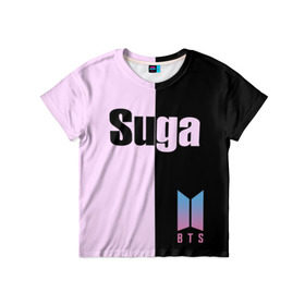 Детская футболка 3D с принтом BTS Suga , 100% гипоаллергенный полиэфир | прямой крой, круглый вырез горловины, длина до линии бедер, чуть спущенное плечо, ткань немного тянется | bts | suga | бтс | группа | корейская | музыка | розовый | цветы | черный