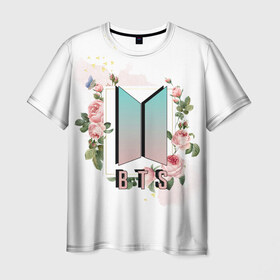 Мужская футболка 3D с принтом BTS , 100% полиэфир | прямой крой, круглый вырез горловины, длина до линии бедер | Тематика изображения на принте: bts | бтс | группа | корейская | музыка | розовый | цветы