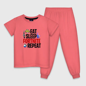 Детская пижама хлопок с принтом Eat Sleep Fortnite Repeat , 100% хлопок |  брюки и футболка прямого кроя, без карманов, на брюках мягкая резинка на поясе и по низу штанин
 | Тематика изображения на принте: 