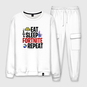 Мужской костюм хлопок с принтом Eat Sleep Fortnite Repeat , 100% хлопок | на свитшоте круглая горловина, мягкая резинка по низу. Брюки заужены к низу, на них два вида карманов: два “обычных” по бокам и два объемных, с клапанами, расположенные ниже линии бедра. Брюки с мягкой трикотажной резинкой на поясе и по низу штанин. В поясе для дополнительного комфорта — широкие завязки | 