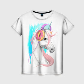 Женская футболка 3D с принтом Music Unicorn Art , 100% полиэфир ( синтетическое хлопкоподобное полотно) | прямой крой, круглый вырез горловины, длина до линии бедер | волшебный | единорог | единорожик | единорожка | магия | музыка | пончик | пончики