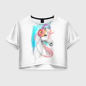Женская футболка 3D укороченная с принтом Music Unicorn Art , 100% полиэстер | круглая горловина, длина футболки до линии талии, рукава с отворотами | волшебный | единорог | единорожик | единорожка | магия | музыка | пончик | пончики