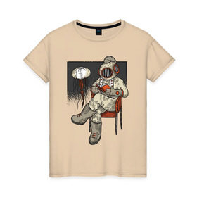 Женская футболка хлопок с принтом Дайвер Steampunk , 100% хлопок | прямой крой, круглый вырез горловины, длина до линии бедер, слегка спущенное плечо | diver | steampunk | дайвер | книга | книги | медуза | стим панк | стимпанк | читает