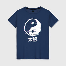 Женская футболка хлопок с принтом инь ян глитч , 100% хлопок | прямой крой, круглый вырез горловины, длина до линии бедер, слегка спущенное плечо | glitch | азия | гармония | глитч | глич | глюк | иероглифы | ин ян | инь янь | искажение | китай | символ | япония