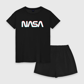 Женская пижама с шортиками хлопок с принтом NASA GLITCH , 100% хлопок | футболка прямого кроя, шорты свободные с широкой мягкой резинкой | galaxy | nasa | space | space company | star | астрономия | галактика | звезды | космическая компания | космос | наса