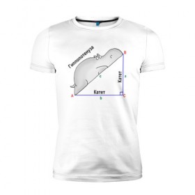 Мужская футболка премиум с принтом Гиппопотинуза , 92% хлопок, 8% лайкра | приталенный силуэт, круглый вырез ворота, длина до линии бедра, короткий рукав | Тематика изображения на принте: гиппопотам. гипотенуза. катет | теорема | треугольник | угол. геометрия. математика. школа