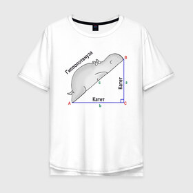Мужская футболка хлопок Oversize с принтом Гиппопотинуза , 100% хлопок | свободный крой, круглый ворот, “спинка” длиннее передней части | гиппопотам. гипотенуза. катет | теорема | треугольник | угол. геометрия. математика. школа