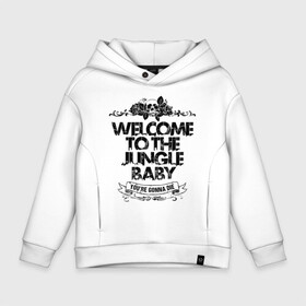 Детское худи Oversize хлопок с принтом Welcome to the Jungle , френч-терри — 70% хлопок, 30% полиэстер. Мягкий теплый начес внутри —100% хлопок | боковые карманы, эластичные манжеты и нижняя кромка, капюшон на магнитной кнопке | Тематика изображения на принте: 80s | 80е | axl | duff | guns n roses | rock | slash