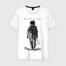 Мужская футболка хлопок с принтом Мы пришли с миром , 100% хлопок | прямой крой, круглый вырез горловины, длина до линии бедер, слегка спущенное плечо. | арт | космонавт | космос | мир | мусор | экология