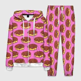 Мужской костюм 3D с принтом Пончики Паттерн , 100% полиэстер | Манжеты и пояс оформлены тканевой резинкой, двухслойный капюшон со шнурком для регулировки, карманы спереди | donut | вкусный | вкусняшка | еда | пончик | розовый
