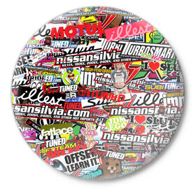 Значок с принтом Cars Stickerbombing ,  металл | круглая форма, металлическая застежка в виде булавки | stickerbombing | авто | автомобили | марки | надписи | стикербомбинг | стикеры