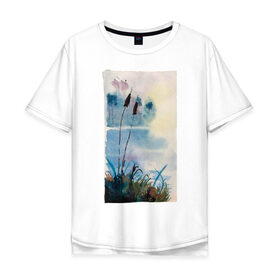 Мужская футболка хлопок Oversize с принтом Камышочки , 100% хлопок | свободный крой, круглый ворот, “спинка” длиннее передней части | акварель | болото | камыш | камыши | рисунок