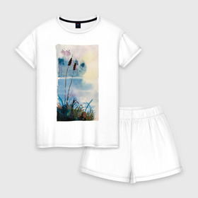 Женская пижама с шортиками хлопок с принтом Камышочки , 100% хлопок | футболка прямого кроя, шорты свободные с широкой мягкой резинкой | акварель | болото | камыш | камыши | рисунок
