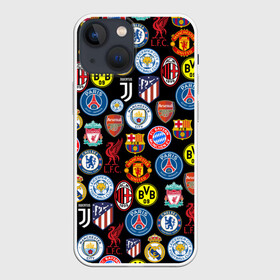 Чехол для iPhone 13 mini с принтом ЛОГО ФУТБОЛЬНЫХ КОМАНД ,  |  | atletico madrid | barca | bayern munchen | chelsea | fc | football | juventus | liverpool | manchester city | manchester united | milan | pattern | real madrid | russia | барселона | паттерн