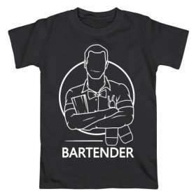 Мужская футболка хлопок с принтом Bartender , 100% хлопок | прямой крой, круглый вырез горловины, длина до линии бедер, слегка спущенное плечо. | Тематика изображения на принте: bar | barman | bartender | бармен | бартендер | бутылки | виски | день бармена | мужчина | надпись | подарок бармену | рисунок | человек | шейкер