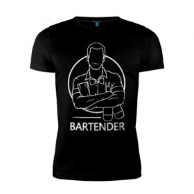 Мужская футболка премиум с принтом Bartender , 92% хлопок, 8% лайкра | приталенный силуэт, круглый вырез ворота, длина до линии бедра, короткий рукав | bar | barman | bartender | бармен | бартендер | бутылки | виски | день бармена | мужчина | надпись | подарок бармену | рисунок | человек | шейкер