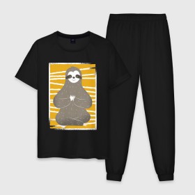 Мужская пижама хлопок с принтом Ленивец Йога , 100% хлопок | брюки и футболка прямого кроя, без карманов, на брюках мягкая резинка на поясе и по низу штанин
 | Тематика изображения на принте: sloth | yoga | йога | ленивец | фитнес