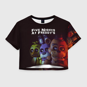 Женская футболка 3D укороченная с принтом Five Nights At Freddy`s , 100% полиэстер | круглая горловина, длина футболки до линии талии, рукава с отворотами | five nights at freddys | foxy | аниматроники | игра | компьютерная игра | робот | фокси | фредди | чика