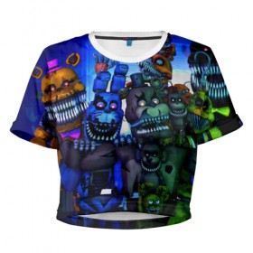 Женская футболка 3D укороченная с принтом Five Nights At Freddy`s , 100% полиэстер | круглая горловина, длина футболки до линии талии, рукава с отворотами | five nights at freddys | foxy | аниматроники | игра | компьютерная игра | робот | фокси | фредди | чика