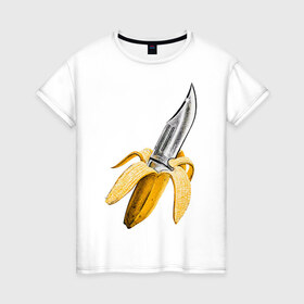 Женская футболка хлопок с принтом BANANA , 100% хлопок | прямой крой, круглый вырез горловины, длина до линии бедер, слегка спущенное плечо | banana | knife | pop art | банан | нож | оружие | поп арт