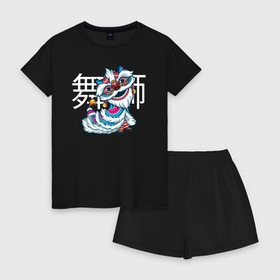 Женская пижама с шортиками хлопок с принтом Танец льва (Китай) , 100% хлопок | футболка прямого кроя, шорты свободные с широкой мягкой резинкой | дракон | красный | лев | национальный | танец