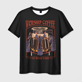 Мужская футболка 3D с принтом Worship Coffee , 100% полиэфир | прямой крой, круглый вырез горловины, длина до линии бедер | Тематика изображения на принте: 80 е | 80s | 90 е | 90s | oldschool | retro | retrowave | stranger thing | vintage | винтаж | олдскул | ретро | ретровейв | странные дела