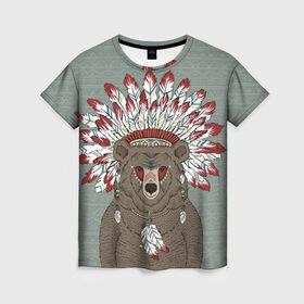 Женская футболка 3D с принтом Медведь индеец , 100% полиэфир ( синтетическое хлопкоподобное полотно) | прямой крой, круглый вырез горловины, длина до линии бедер | animal | bear | braids | feathers | in | взгляд | голова | графика | дикий | животное | индеец | ирокез | картинка | косы | красивый | крутой | лучший | медведь | мода | модный | молодёжная | орнамент | перья | природа