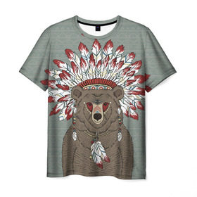 Мужская футболка 3D с принтом Медведь индеец , 100% полиэфир | прямой крой, круглый вырез горловины, длина до линии бедер | animal | bear | braids | feathers | in | взгляд | голова | графика | дикий | животное | индеец | ирокез | картинка | косы | красивый | крутой | лучший | медведь | мода | модный | молодёжная | орнамент | перья | природа