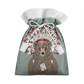 Подарочный 3D мешок с принтом Медведь индеец , 100% полиэстер | Размер: 29*39 см | animal | bear | braids | feathers | in | взгляд | голова | графика | дикий | животное | индеец | ирокез | картинка | косы | красивый | крутой | лучший | медведь | мода | модный | молодёжная | орнамент | перья | природа