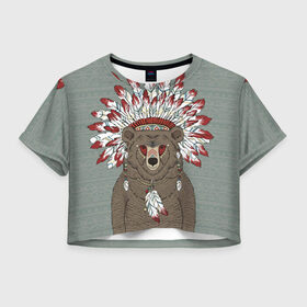 Женская футболка 3D укороченная с принтом Медведь индеец , 100% полиэстер | круглая горловина, длина футболки до линии талии, рукава с отворотами | animal | bear | braids | feathers | in | взгляд | голова | графика | дикий | животное | индеец | ирокез | картинка | косы | красивый | крутой | лучший | медведь | мода | модный | молодёжная | орнамент | перья | природа