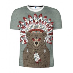 Мужская футболка 3D спортивная с принтом Медведь индеец , 100% полиэстер с улучшенными характеристиками | приталенный силуэт, круглая горловина, широкие плечи, сужается к линии бедра | animal | bear | braids | feathers | in | взгляд | голова | графика | дикий | животное | индеец | ирокез | картинка | косы | красивый | крутой | лучший | медведь | мода | модный | молодёжная | орнамент | перья | природа