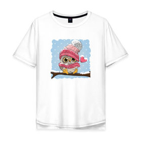 Мужская футболка хлопок Oversize с принтом Зимний Совёнок , 100% хлопок | свободный крой, круглый ворот, “спинка” длиннее передней части | зима | лапочка | маленький | метель | милый | мимими | перья | птенчик | птица | сердечко | снег | снежинка | сова | филин | шапка