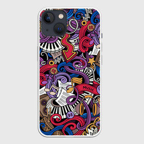 Чехол для iPhone 13 с принтом Music collage ,  |  | collage | instruments | music | musical | not | волны | гитары | графика | звёзды | инструменты | искусство | картинка | клавиши | коллаж | колонки | крутой | лучший | микрофоны | мода | модный | молодёжная | музыка