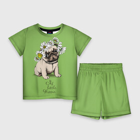 Детский костюм с шортами 3D с принтом My little hippie ,  |  | breed | dog | hippie | kid | little | my | pug | puppy | wreath | венок | графика | зелёный | картинка | красивый | крутой | лучший | маленький | малыш | мода | модный | мой | молодёжная | мопс | порода | рисунок | ромашки | собака