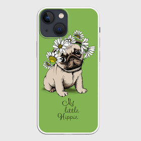 Чехол для iPhone 13 mini с принтом My little hippie ,  |  | Тематика изображения на принте: breed | dog | hippie | kid | little | my | pug | puppy | wreath | венок | графика | зелёный | картинка | красивый | крутой | лучший | маленький | малыш | мода | модный | мой | молодёжная | мопс | порода | рисунок | ромашки | собака