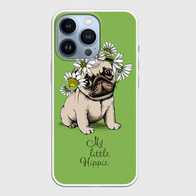 Чехол для iPhone 13 Pro с принтом My little hippie ,  |  | breed | dog | hippie | kid | little | my | pug | puppy | wreath | венок | графика | зелёный | картинка | красивый | крутой | лучший | маленький | малыш | мода | модный | мой | молодёжная | мопс | порода | рисунок | ромашки | собака