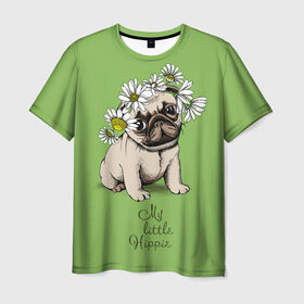 Мужская футболка 3D с принтом My little hippie , 100% полиэфир | прямой крой, круглый вырез горловины, длина до линии бедер | breed | dog | hippie | kid | little | my | pug | puppy | wreath | венок | графика | зелёный | картинка | красивый | крутой | лучший | маленький | малыш | мода | модный | мой | молодёжная | мопс | порода | рисунок | ромашки | собака