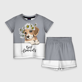 Детский костюм с шортами 3D с принтом Best friend ,  |  | backgroun | best | breed | daisies | dog | flowers | friend | green | kid | puppy | wreath | венок | графика | друг | зелёный | картинка | красивый | крутой | лучший | малыш | мода | модный | молодёжная | порода | рисунок | ромашки | собака