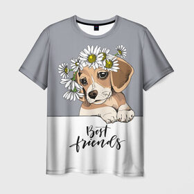Мужская футболка 3D с принтом Best friend , 100% полиэфир | прямой крой, круглый вырез горловины, длина до линии бедер | backgroun | best | breed | daisies | dog | flowers | friend | green | kid | puppy | wreath | венок | графика | друг | зелёный | картинка | красивый | крутой | лучший | малыш | мода | модный | молодёжная | порода | рисунок | ромашки | собака