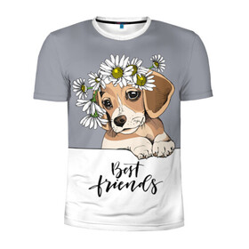 Мужская футболка 3D спортивная с принтом Best friend , 100% полиэстер с улучшенными характеристиками | приталенный силуэт, круглая горловина, широкие плечи, сужается к линии бедра | backgroun | best | breed | daisies | dog | flowers | friend | green | kid | puppy | wreath | венок | графика | друг | зелёный | картинка | красивый | крутой | лучший | малыш | мода | модный | молодёжная | порода | рисунок | ромашки | собака
