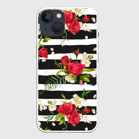 Чехол для iPhone 13 с принтом Розы и орхидеи ,  |  | flowers | orchi | roses | белый | букеты | графика | зелёный | искусство | картинка | красивый | красный | крутой | листья | мода | модный | молодёжная | орнамент | орхидеи | полосы | рисунок | розы | рукоделие