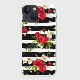 Чехол для iPhone 13 mini с принтом Розы и орхидеи ,  |  | flowers | orchi | roses | белый | букеты | графика | зелёный | искусство | картинка | красивый | красный | крутой | листья | мода | модный | молодёжная | орнамент | орхидеи | полосы | рисунок | розы | рукоделие